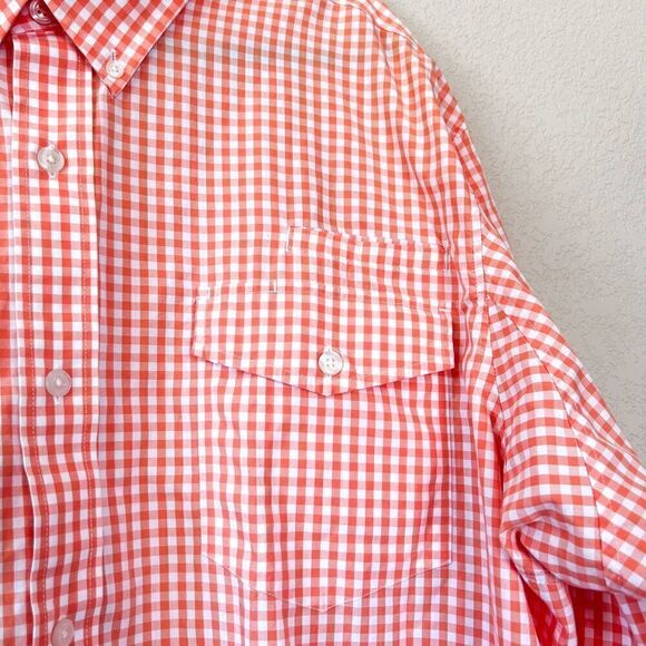 Duluth Trading Company Orange White Gingham Checkered Long Sleeve Button Down Sh - Picture 2 of 6